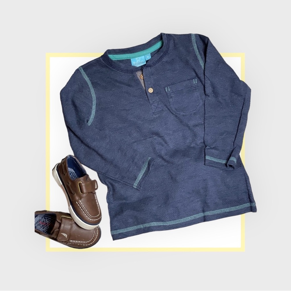 Boys Textured Stripe Henley - Navy Heather Long Sleeve Shirt